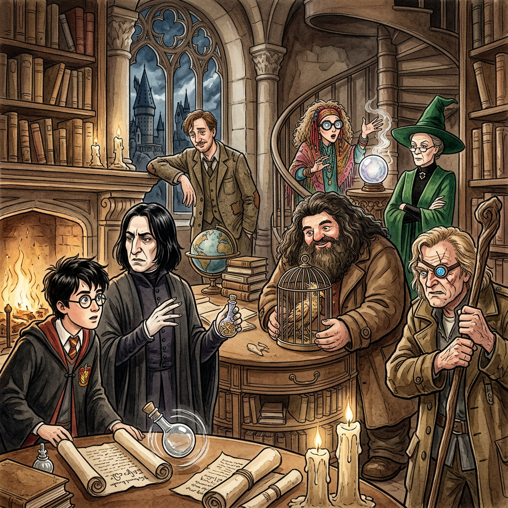 Harry Potter characters gathered in a candlelit Hogwarts library